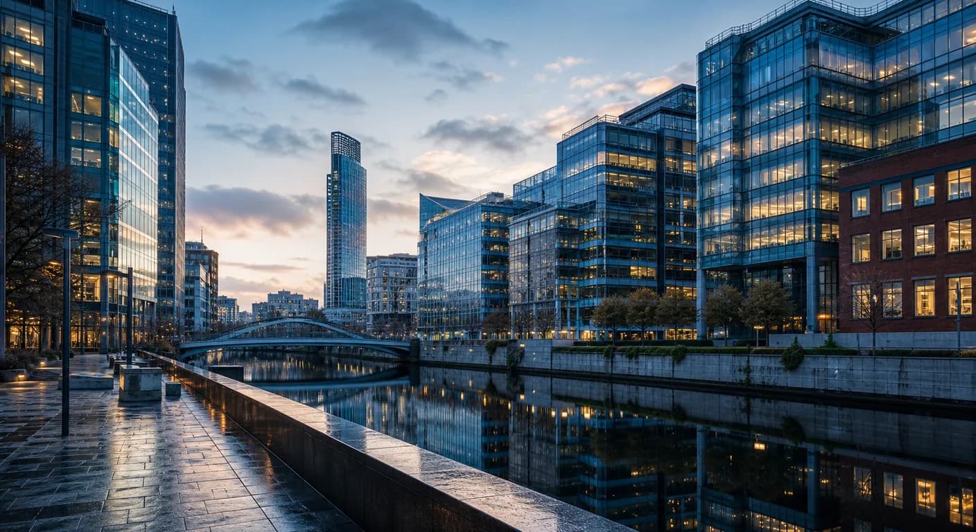 Manchester business district at dusk, representative of the AI Consultant Manchester service area.