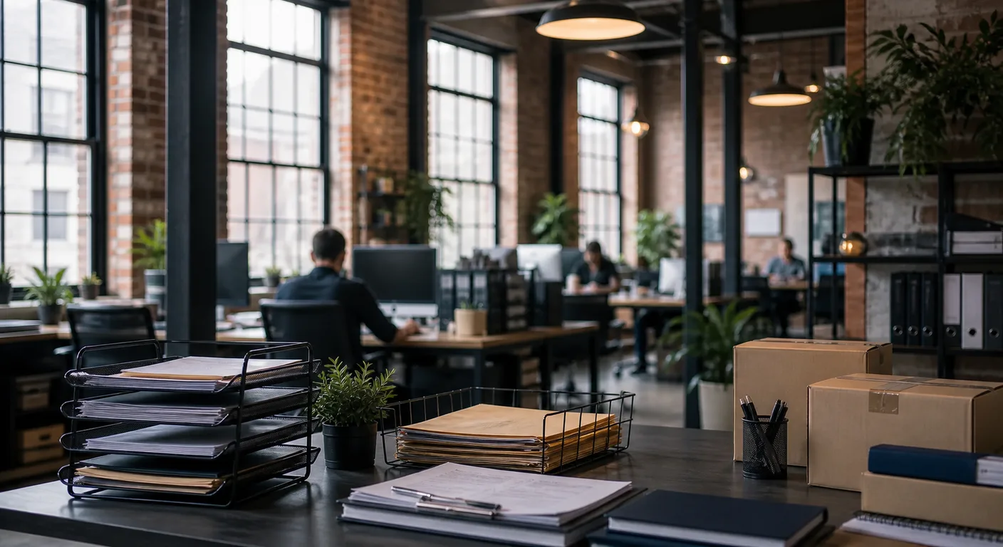 A Manchester SME operations team working with documents and laptops in a small open-plan office.