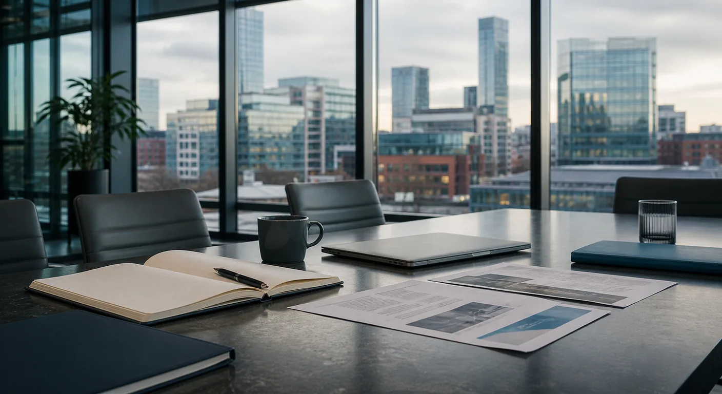 A Manchester business owner reviewing AI project costs at a desk.