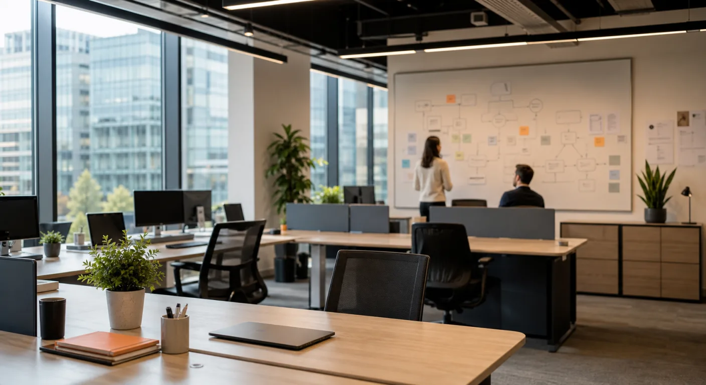 A modern open-plan Manchester accountancy workspace with a softly blurred whiteboard of workflow shapes, suggesting a team designing how work gets done.