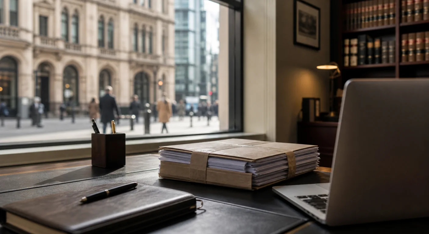 A solicitor's desk in a central Manchester building with a tied paper bundle beside a laptop, a King Street streetscape softened through the window.