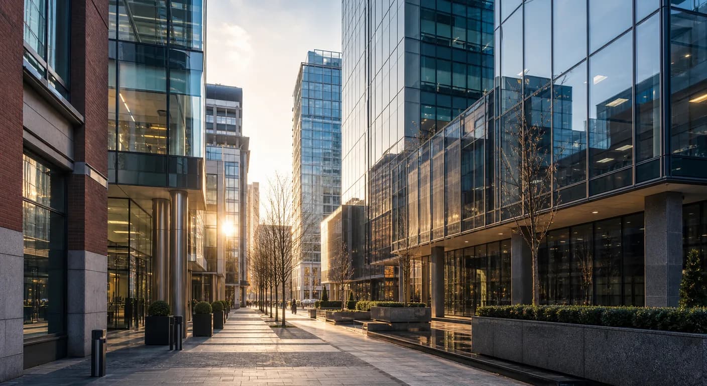 Spinningfields professional services district in Manchester at street level.
