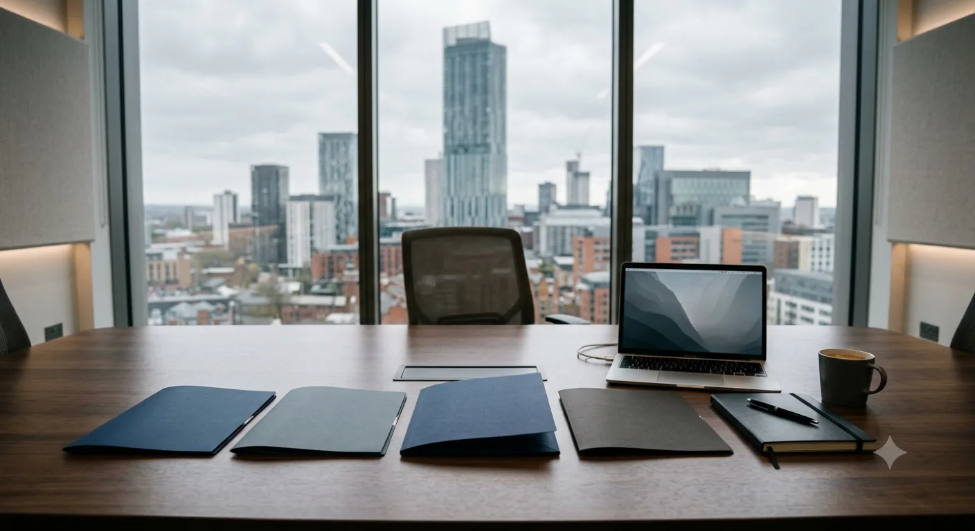 Four consultancy proposal folders side by side on a Manchester boardroom table, with the city skyline through the window.