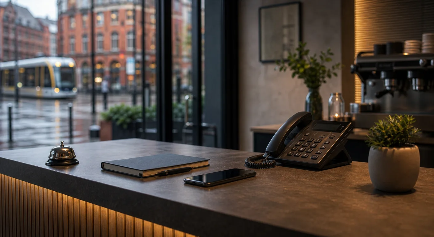 A customer service moment in a Manchester setting, suggesting conversational support.