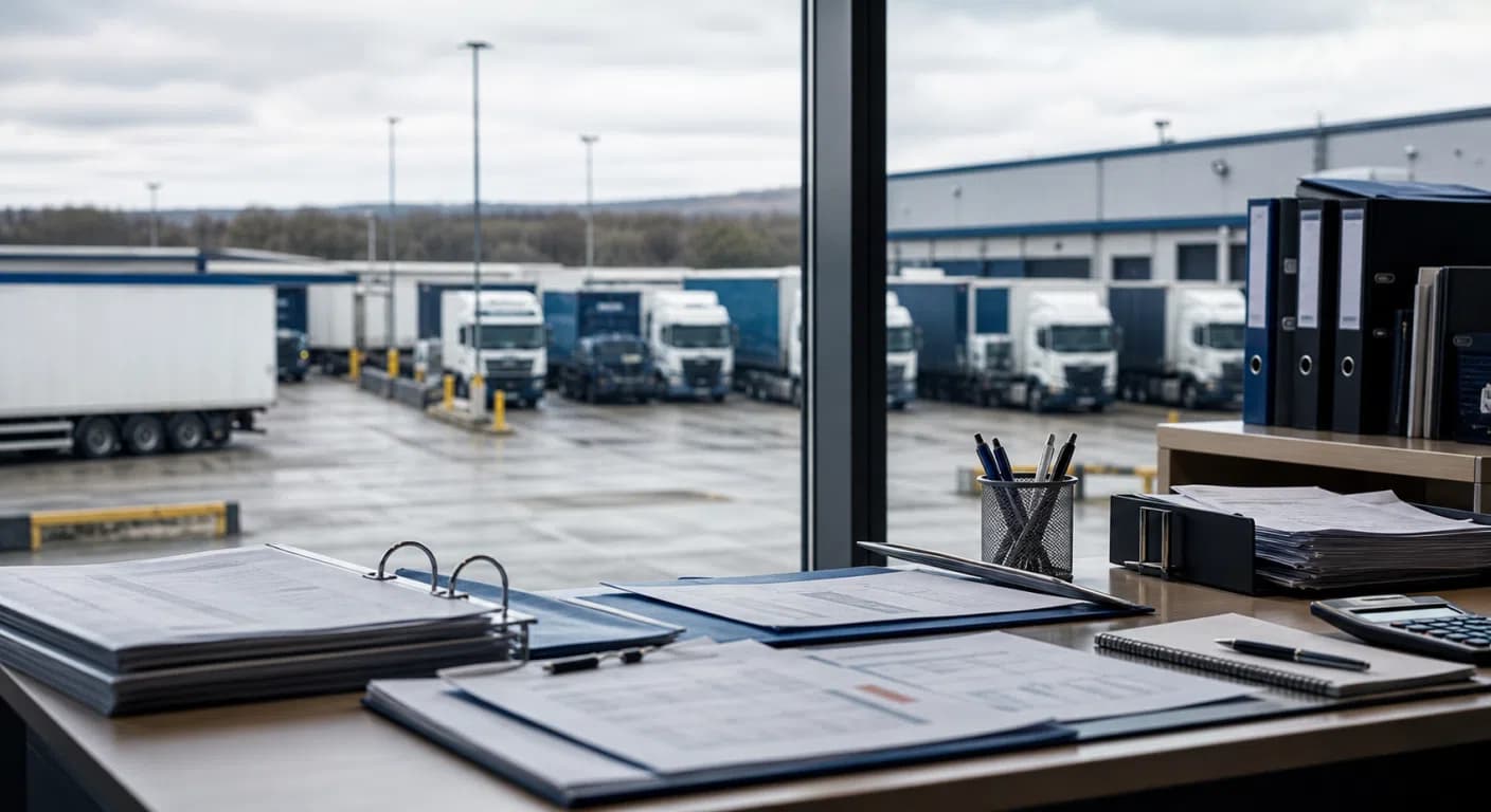 A UK transport depot with logistics vehicles, representative of a regional transport operator.
