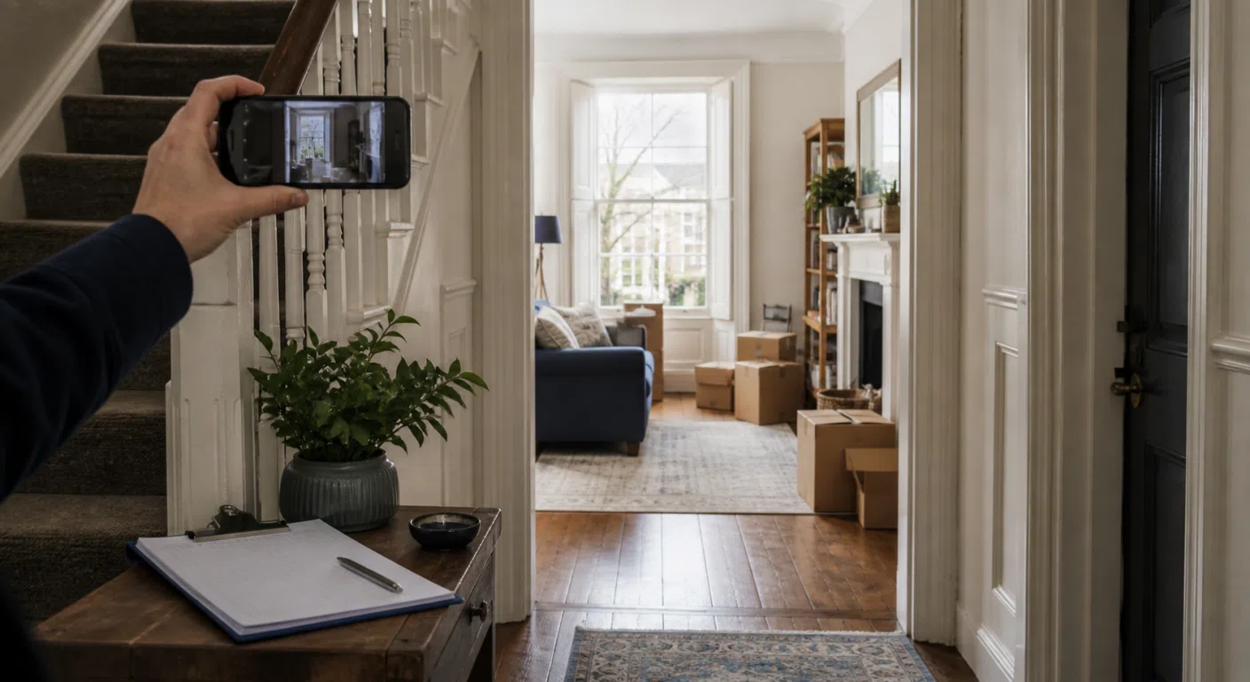 A phone framing the interior of a UK home as if filming for a removals property survey.