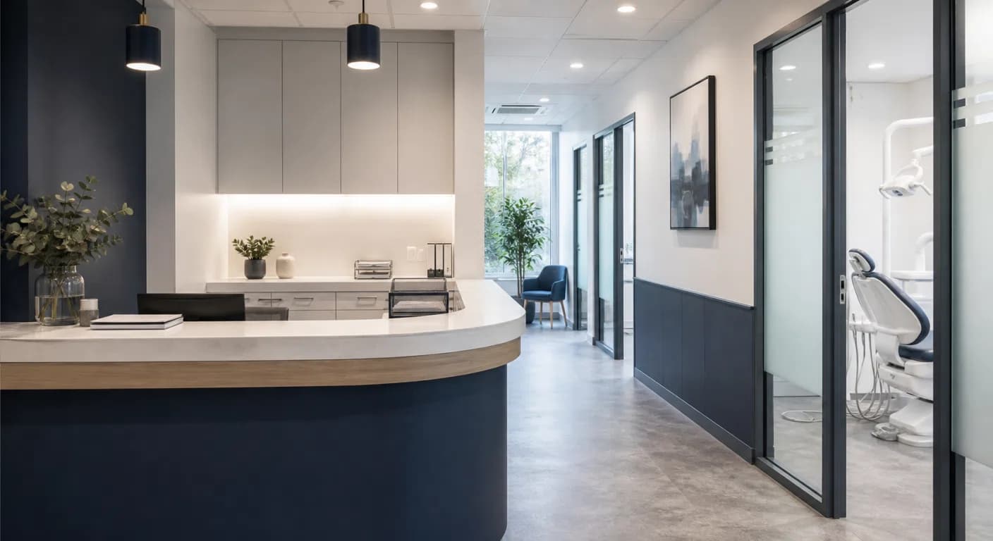 A modern UK dental practice reception, representative of a multi-site dental group.