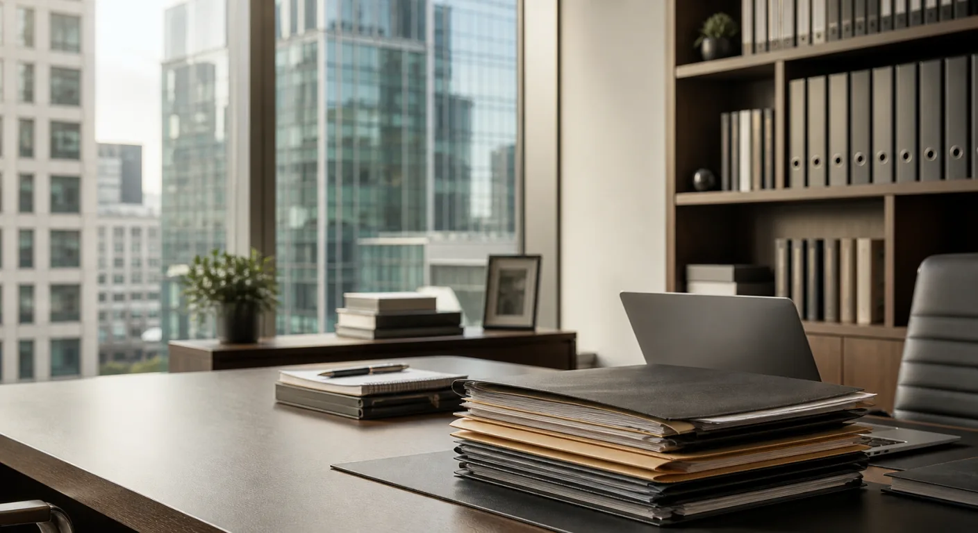 A calm, orderly Manchester accountancy office with neatly stacked files on a desk and a city-centre glass-and-stone view through the window.