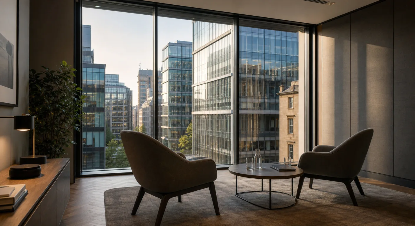 A Manchester wealth adviser's meeting room with two chairs angled towards a window overlooking the city financial district, arranged for a private advisory conversation.