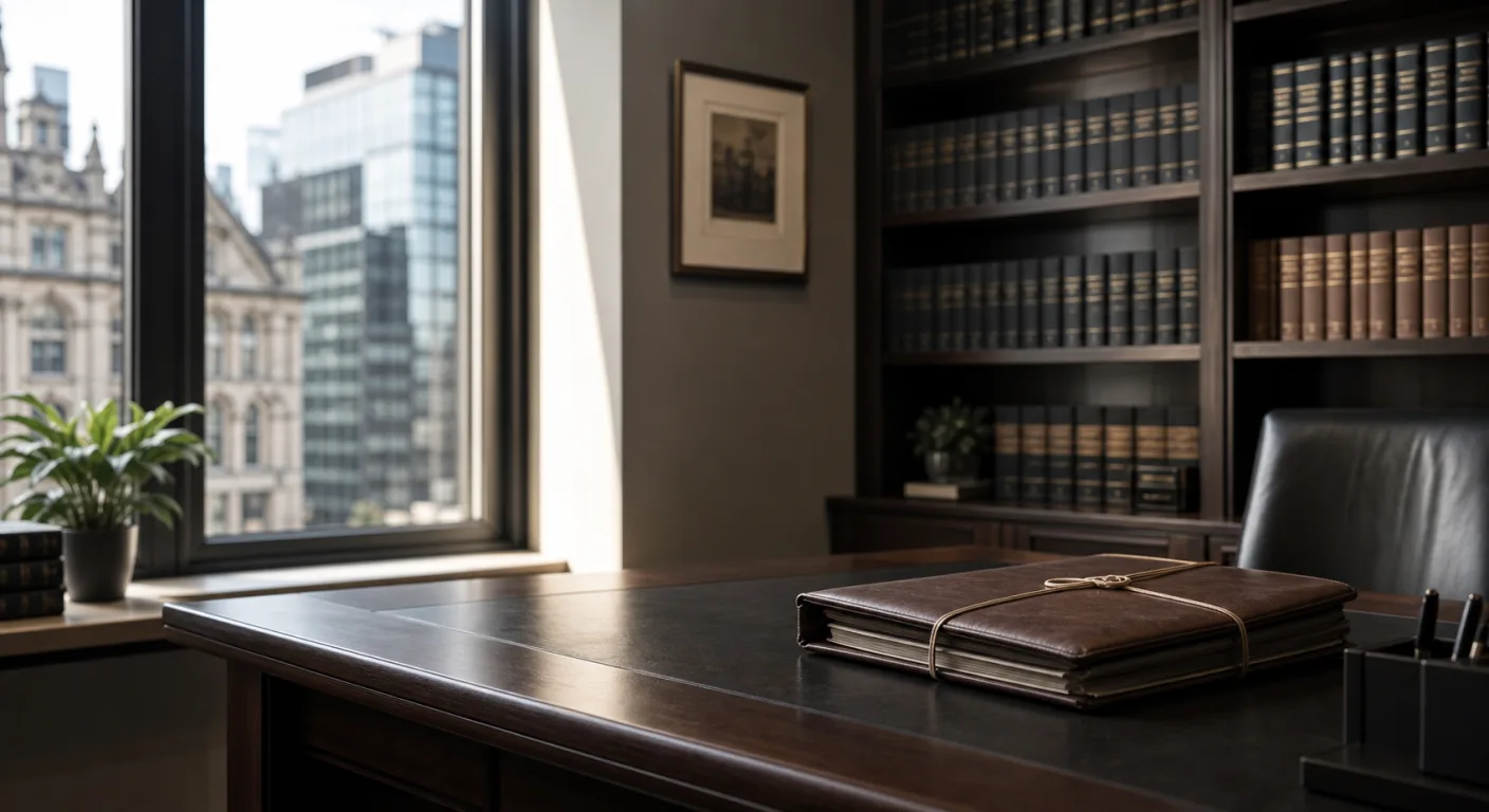 A quiet Manchester solicitor's office with bookshelves and a closed document file on a desk, soft daylight from a window overlooking a city-centre office building.