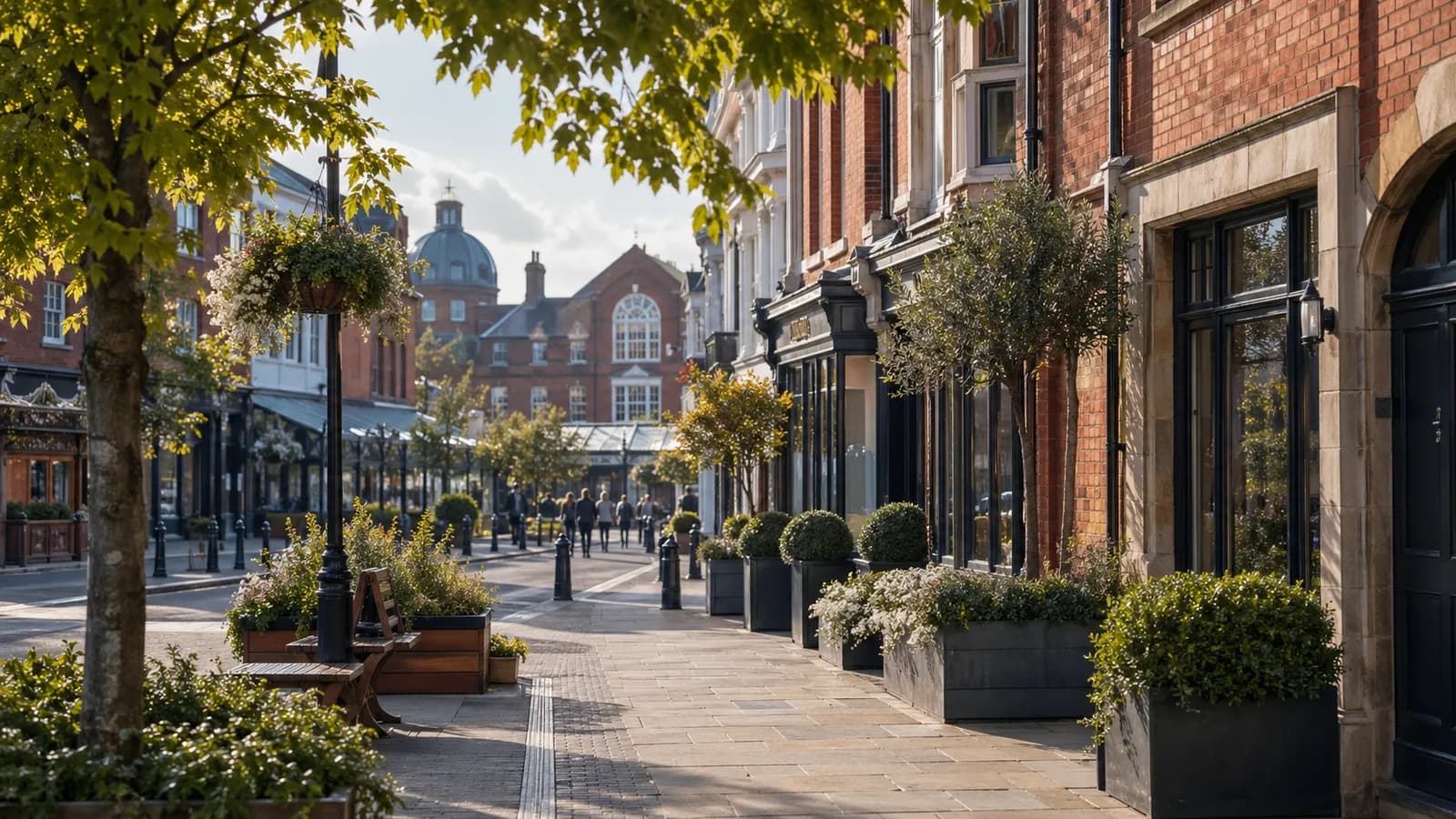 An upmarket UK market town high street with red brick architecture and professional offices, evoking Altrincham.