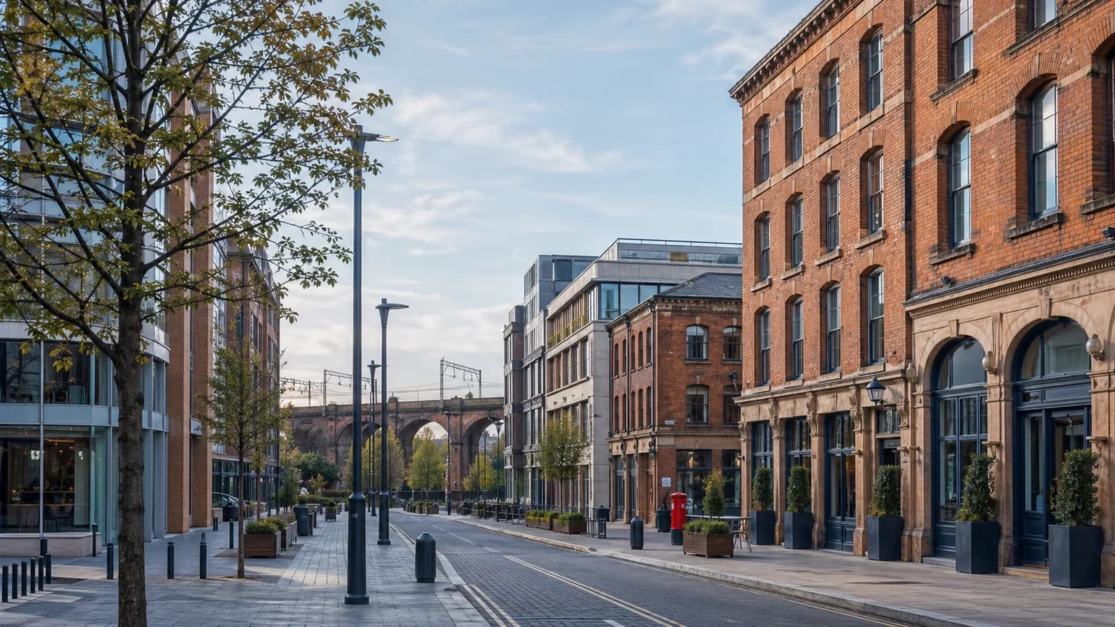 Stockport town centre with a railway viaduct in the background, illustrating local UK business regeneration.