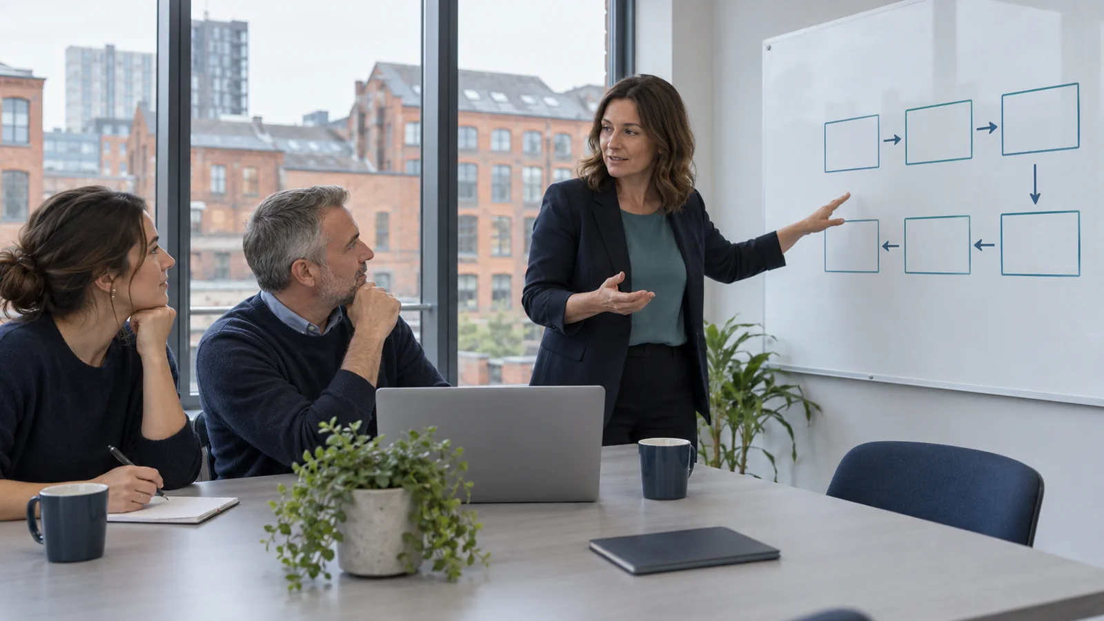Two colleagues at a meeting table with an open laptop watch a consultant explain a process map on a whiteboard, with red-brick buildings visible through the windows.