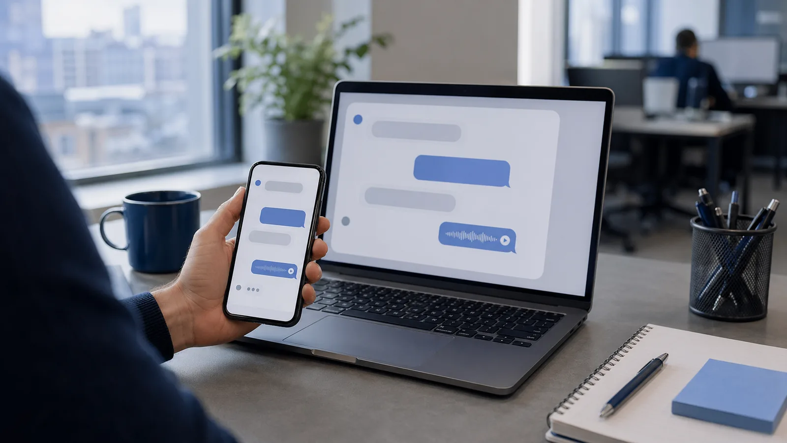 AI chatbot and voice agent handling a customer enquiry on a smartphone in a Manchester business setting.