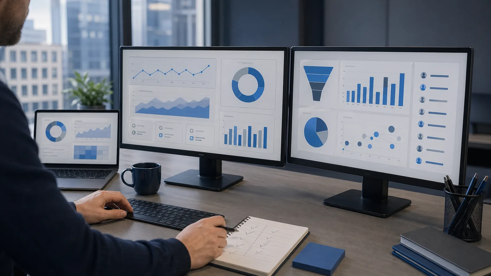 Marketing analytics dashboards reviewed at a desk in a Manchester office, illustrating AI marketing automation reporting.
