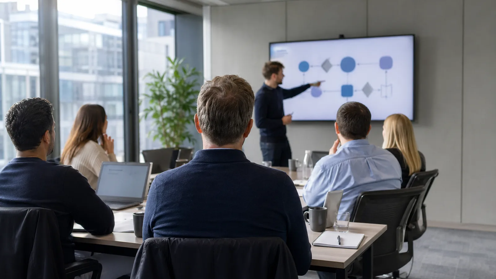 Business professionals taking part in an AI training workshop in a modern Manchester office.