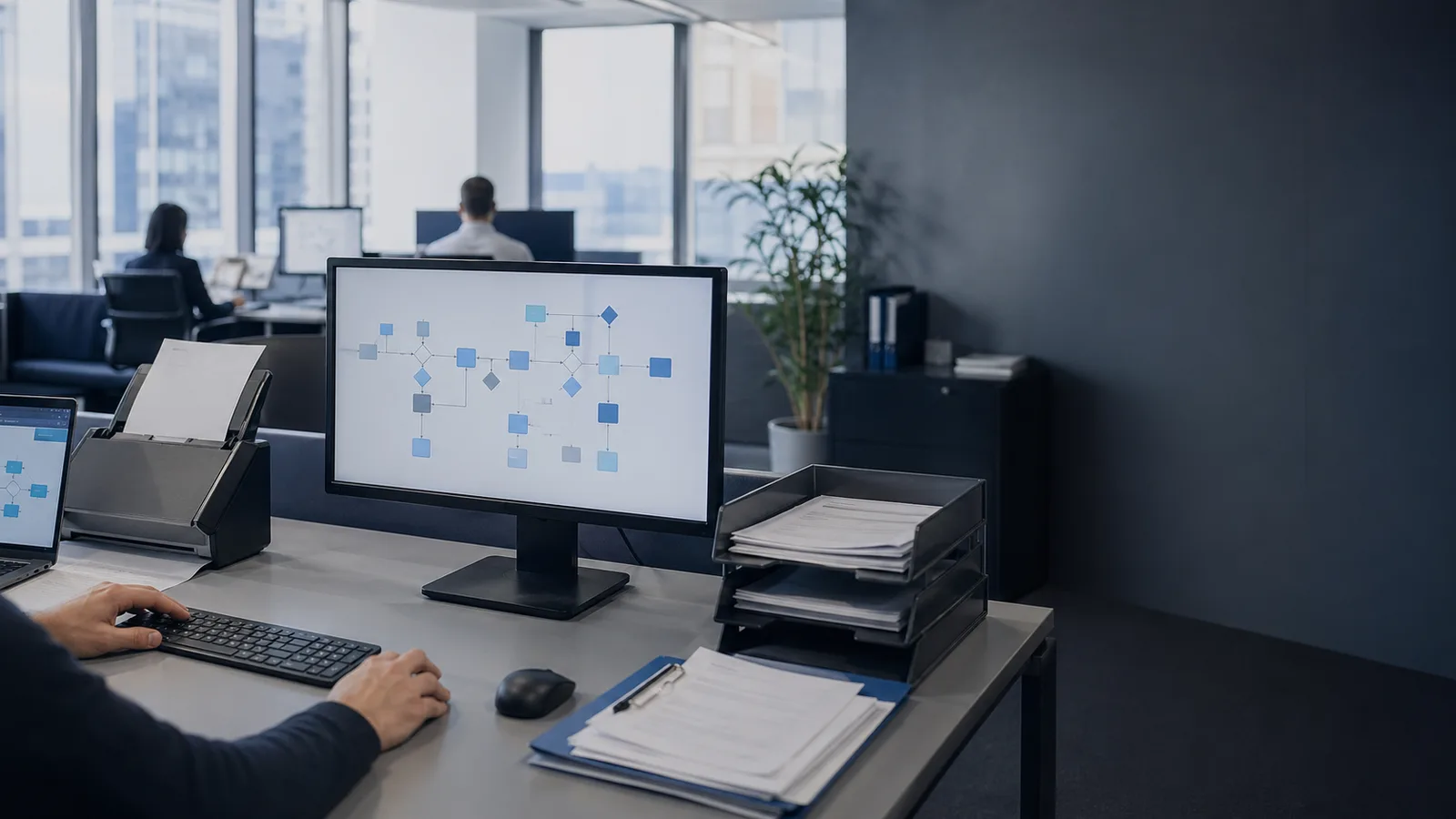 Documents and workflows being processed through automated systems in a modern Manchester professional services office.